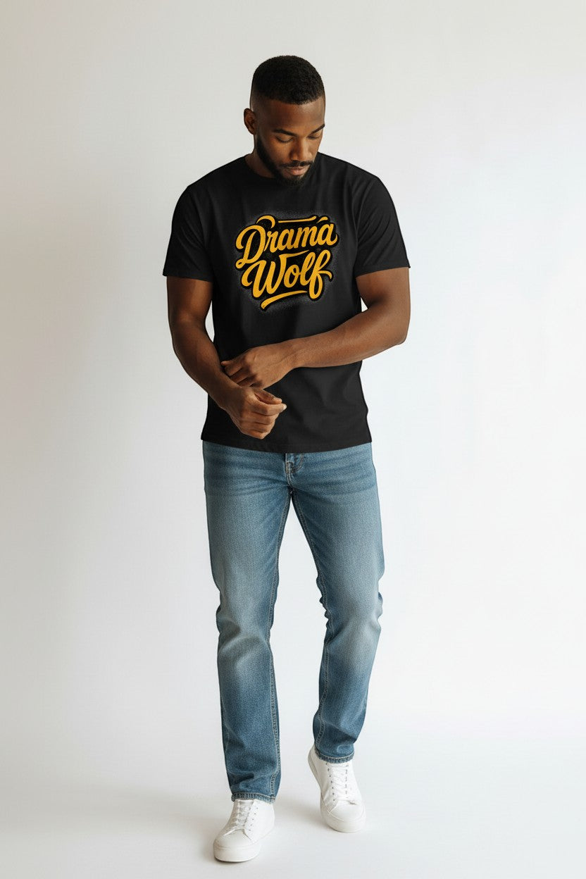 Black 100% cotton WOF t-shirt with yellow "Drama Wolf" graphic print. Unisex regular fit.