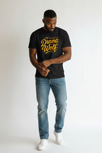 Black 100% cotton WOF t-shirt with yellow "Drama Wolf" graphic print. Unisex regular fit.