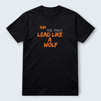 WOF black 100% cotton t-shirt with 'Lead Like A Wolf' graphic print in orange.