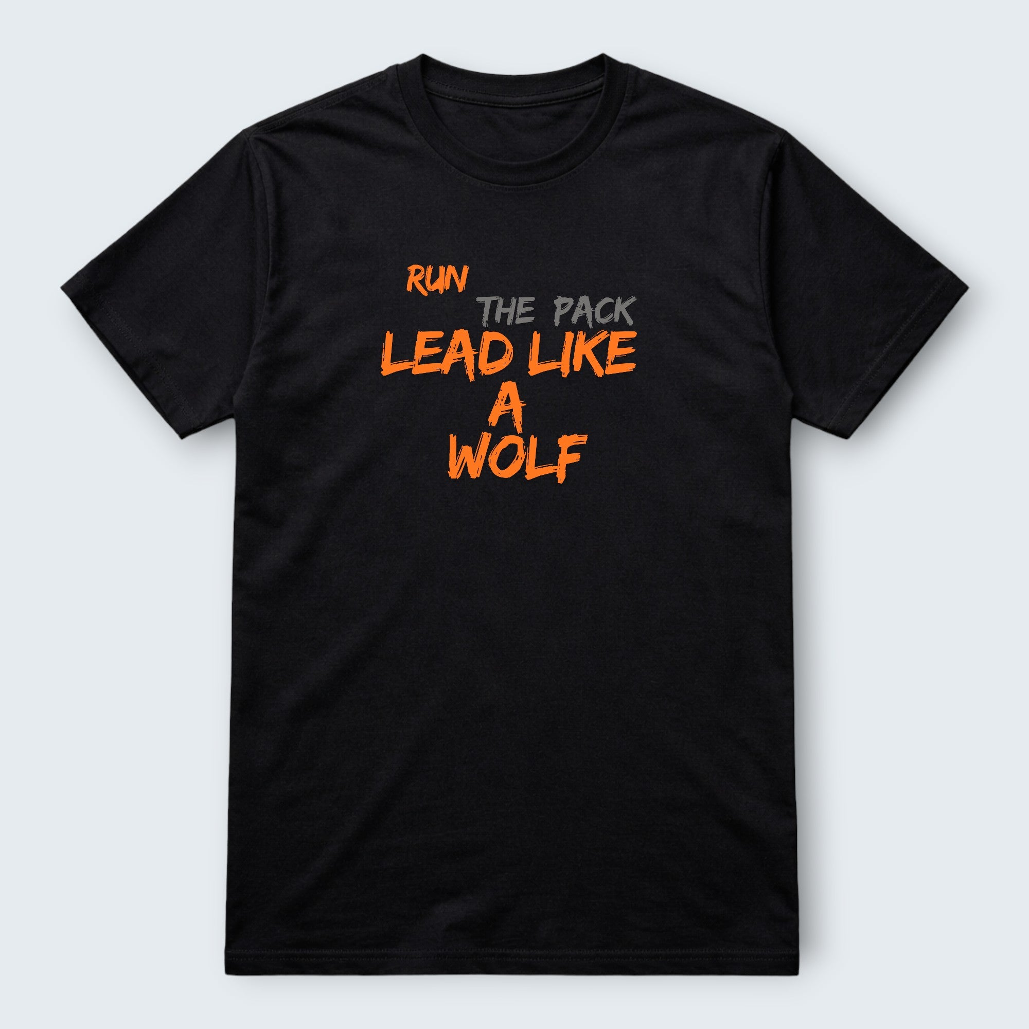 WOF black 100% cotton t-shirt with 'Lead Like A Wolf' graphic print in orange.