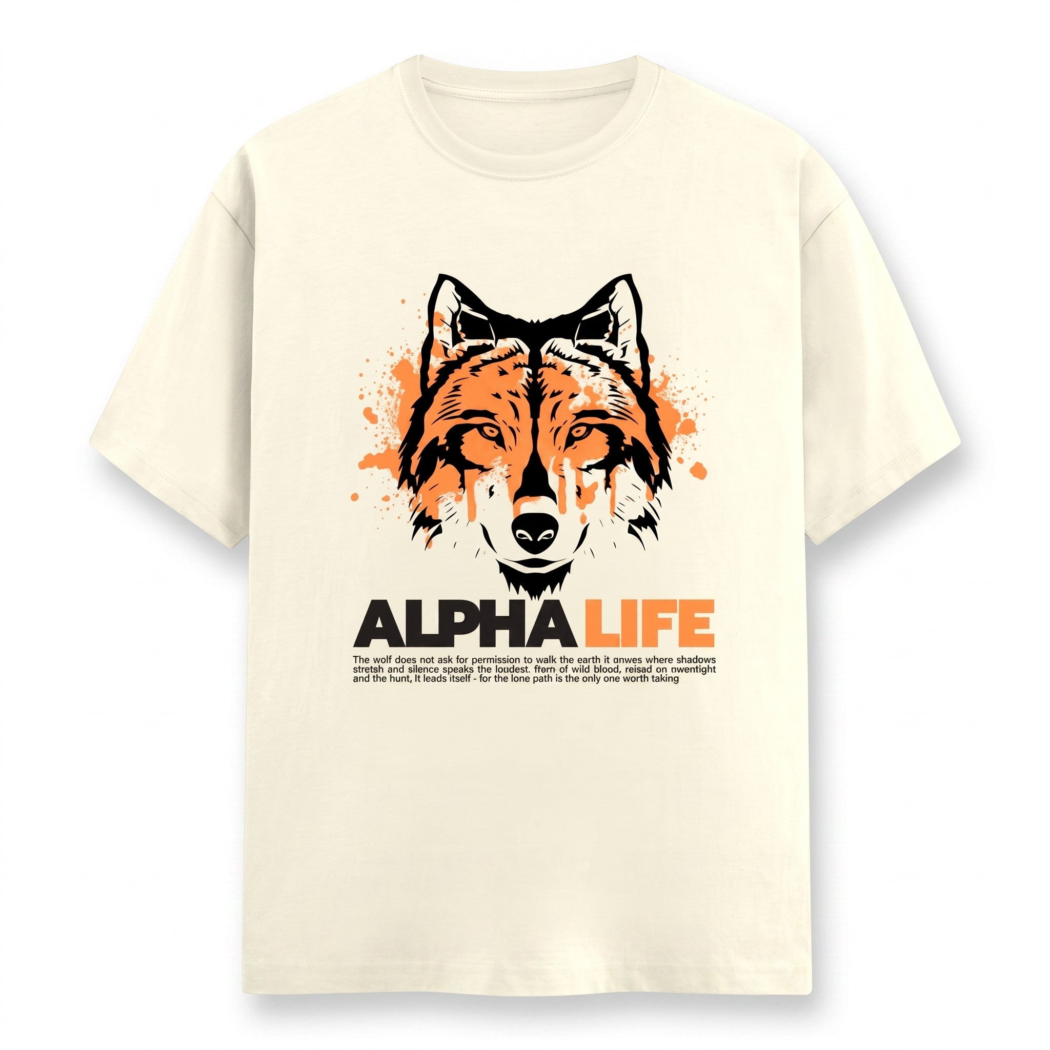 WOFF Alpha Life crew neck t-shirt in cream cotton featuring a black and orange wolf graphic print.