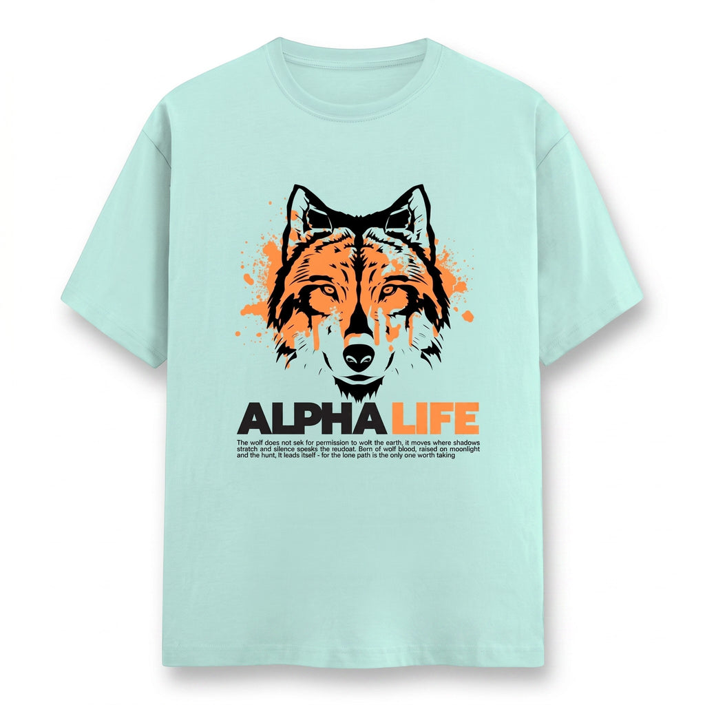 WOFF Alpha Life unisex crew neck t-shirt in light mint green cotton with a black and orange wolf graphic print.