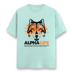 WOFF Alpha Life unisex crew neck t-shirt in light mint green cotton with a black and orange wolf graphic print.