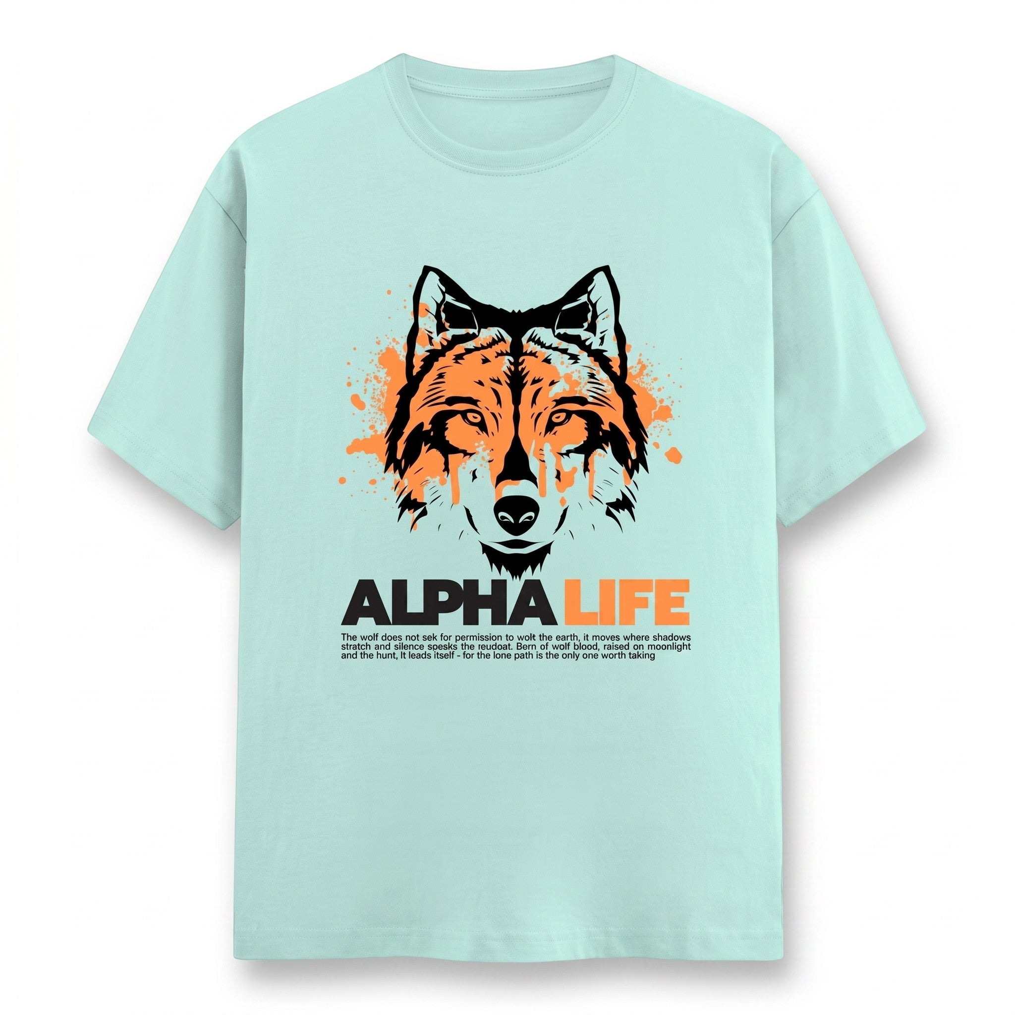 WOFF Alpha Life unisex crew neck t-shirt in light mint green cotton with a black and orange wolf graphic print.