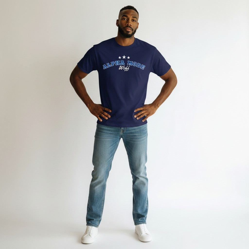 WOFF navy blue 100% cotton crew neck t-shirt with "Alpha Mode Woff" graphic and three stars.