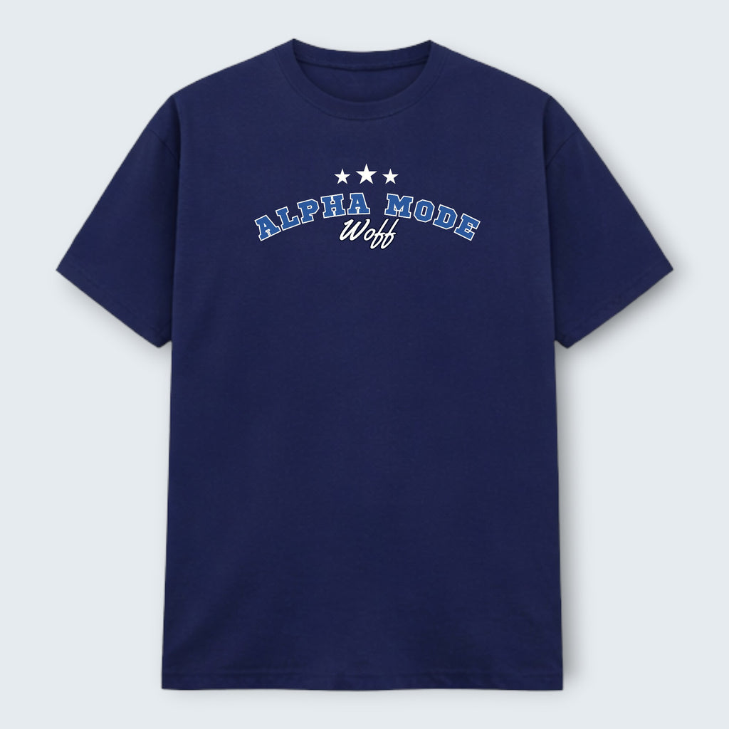 WOFF navy blue 100% cotton Alpha Mode crew neck t-shirt with embroidered text and stars.