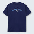 WOFF navy blue 100% cotton Alpha Mode crew neck t-shirt with embroidered text and stars.