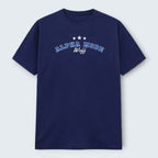 WOFF navy blue 100% cotton Alpha Mode crew neck t-shirt with embroidered text and stars.