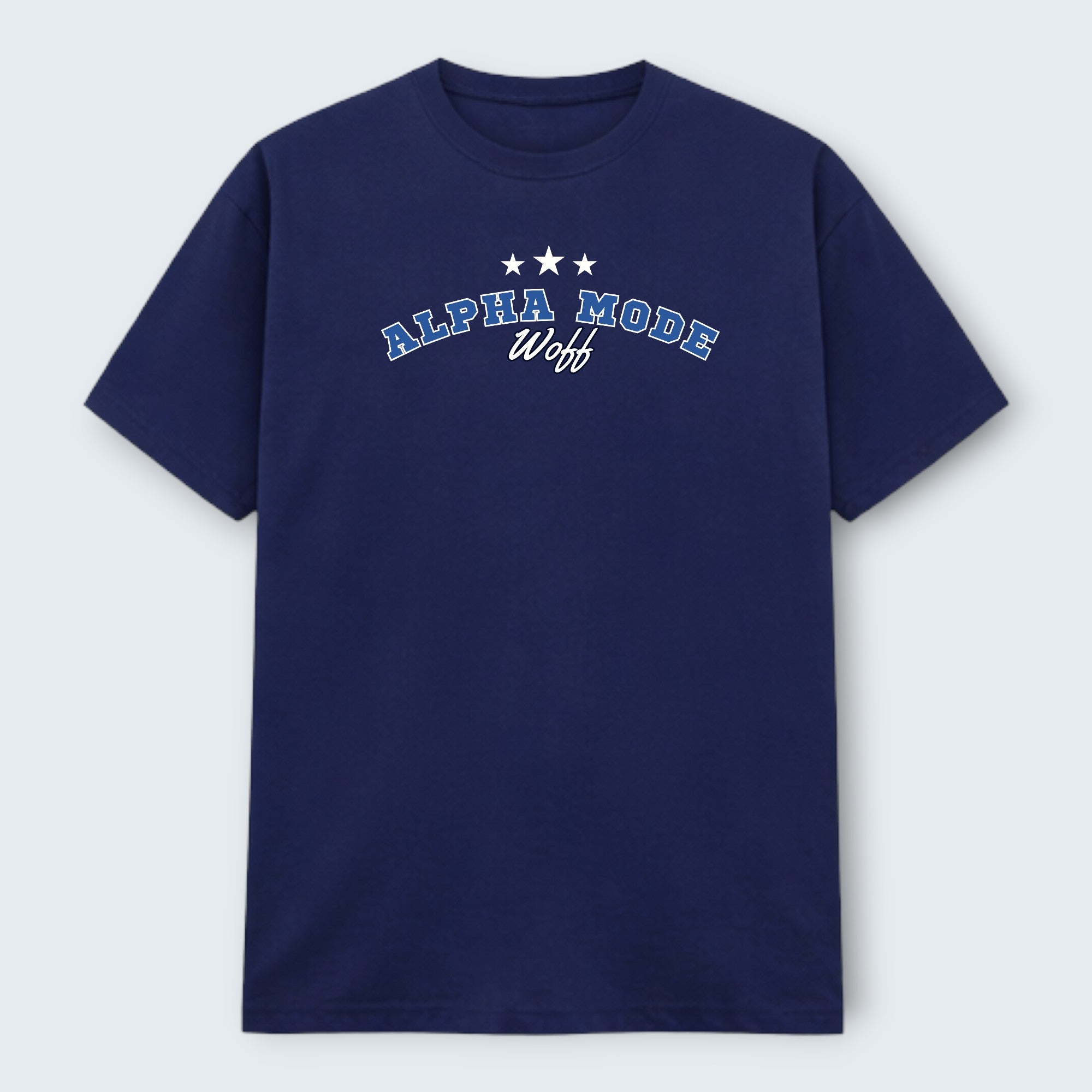 WOFF navy blue 100% cotton Alpha Mode crew neck t-shirt with embroidered text and stars.