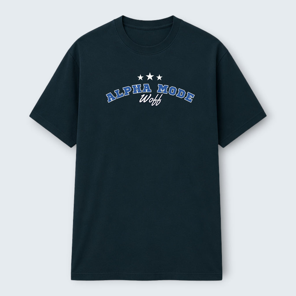 WOFF dark navy blue 100% cotton crew neck t-shirt with "ALPHA MODE" and "woff" graphic print.