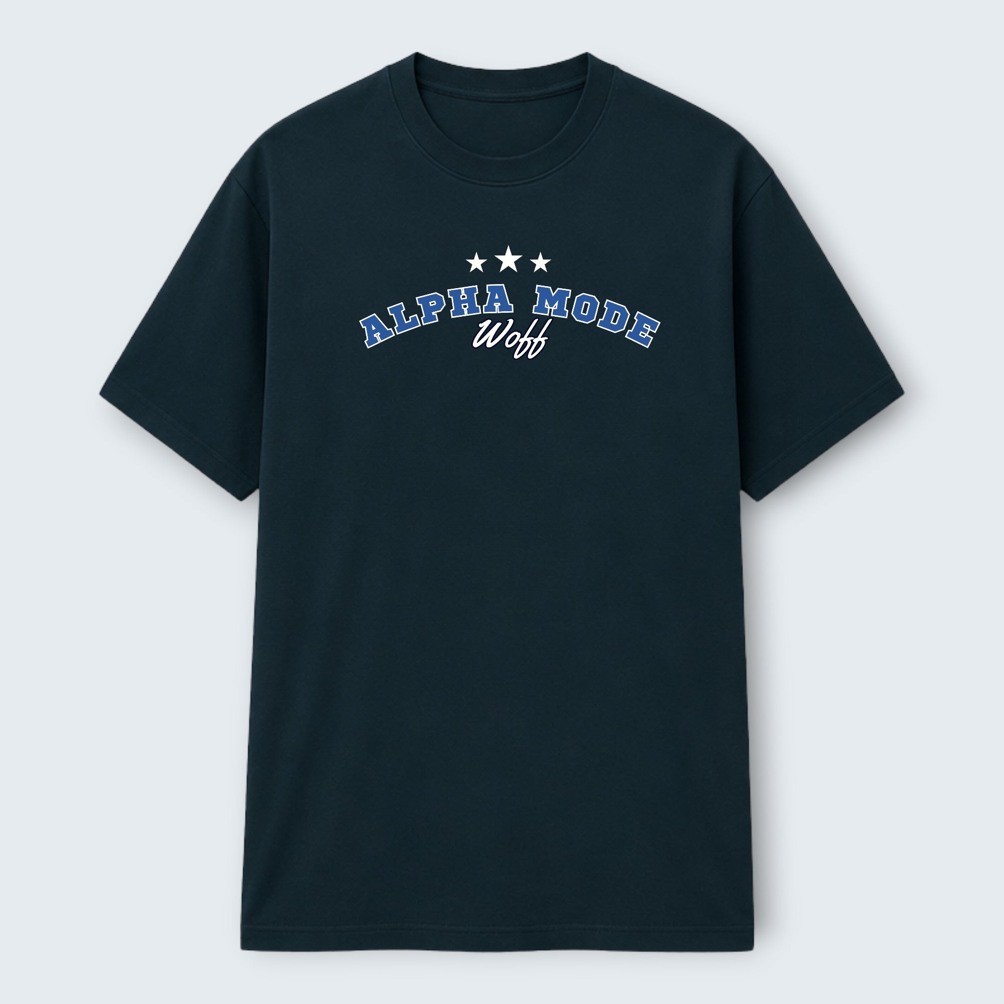 WOFF dark navy blue 100% cotton crew neck t-shirt with "ALPHA MODE" and "woff" graphic print.
