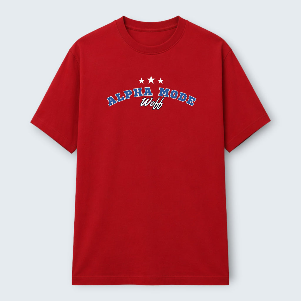 WOFF red 100% cotton crew neck t-shirt with "ALPHA MODE" and "woff" graphic print