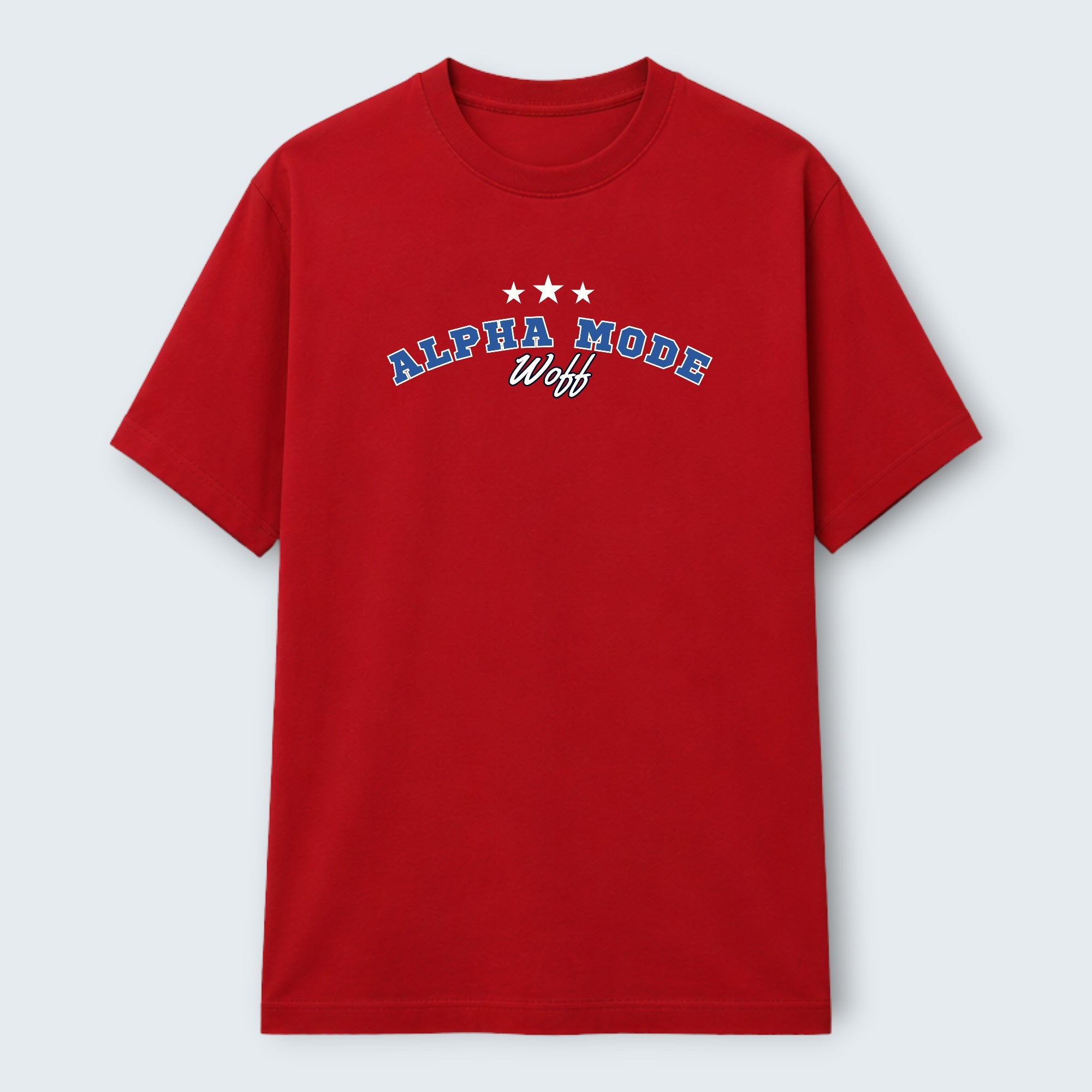 WOFF red 100% cotton crew neck t-shirt with "ALPHA MODE" and "woff" graphic print