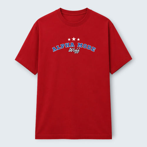 WOFF red 100% cotton crew neck t-shirt with "ALPHA MODE" and "woff" graphic print