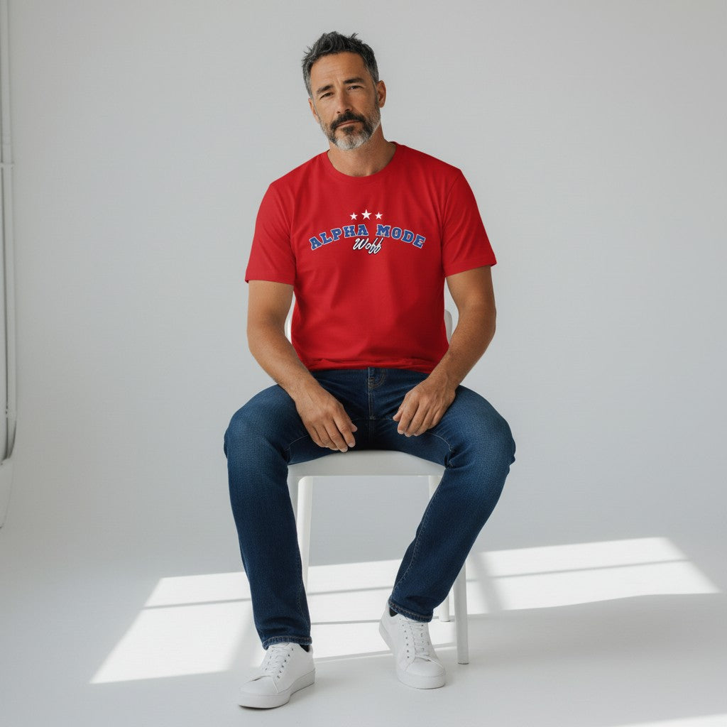 WOFF red 100% cotton crew neck t-shirt with "ALPHA MODE" and "woff" graphic print. Unisex regular fit.