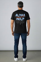 WOFF black 100% cotton crew neck t-shirt with 'ALPHA Respect WOLF' graphic and paw print logo.