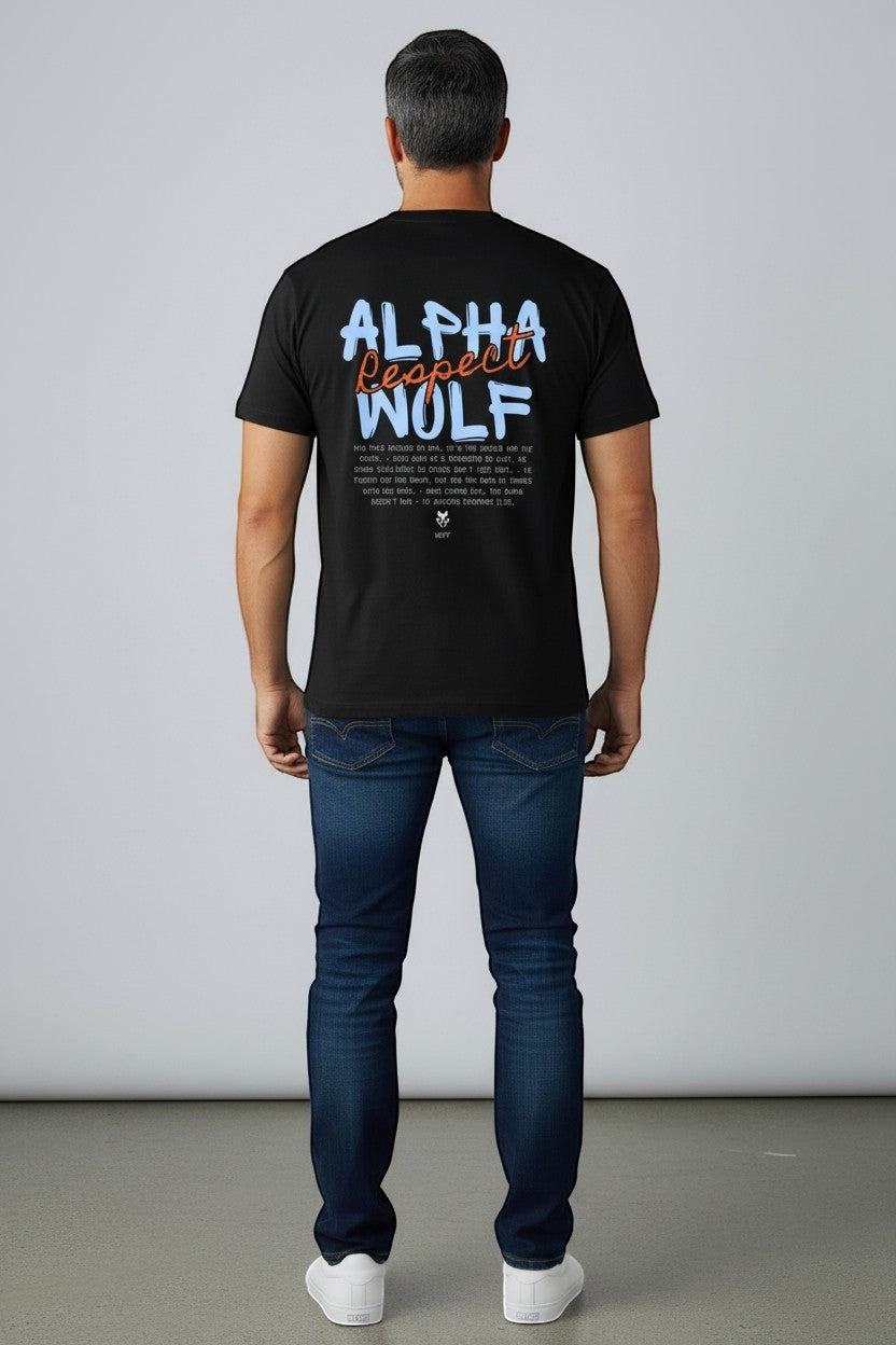 WOFF black 100% cotton crew neck t-shirt with 'ALPHA Respect WOLF' graphic and paw print logo.