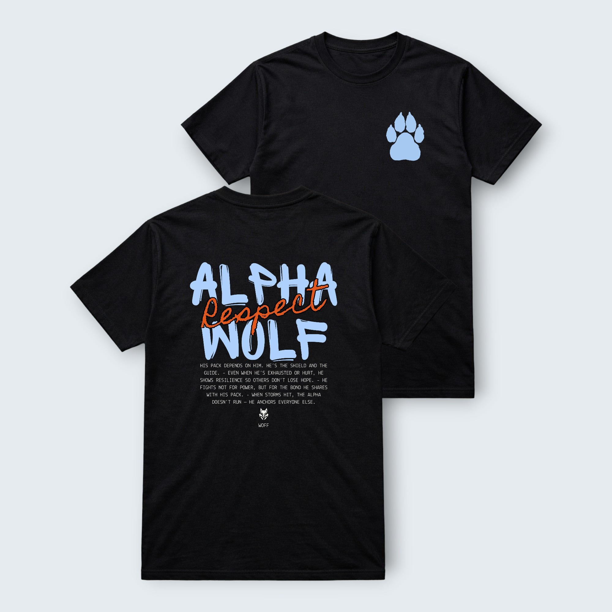 WOFF black 100% cotton crew neck t-shirt with 'ALPHA Respect WOLF' graphic and wolf paw print.