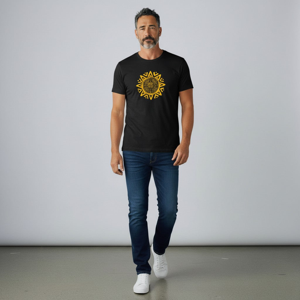 WOFF black 100% cotton crew neck t-shirt with a yellow Aztec sun graphic print on the chest.