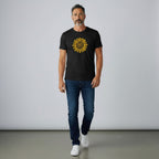WOFF black 100% cotton crew neck t-shirt with a yellow Aztec sun graphic print on the chest.