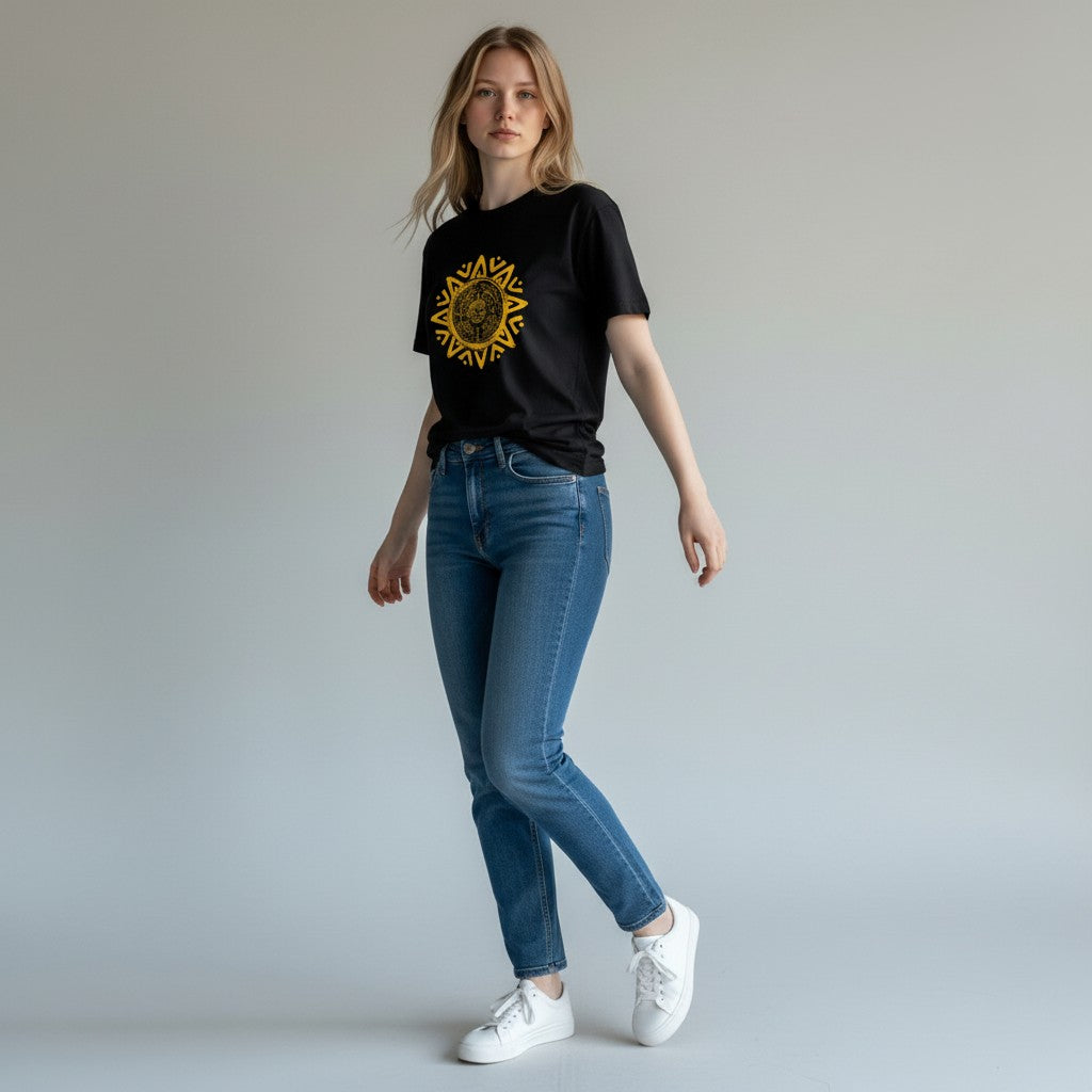 WOFF black 100% cotton crew neck t-shirt with a yellow Aztec sun graphic print on the chest.