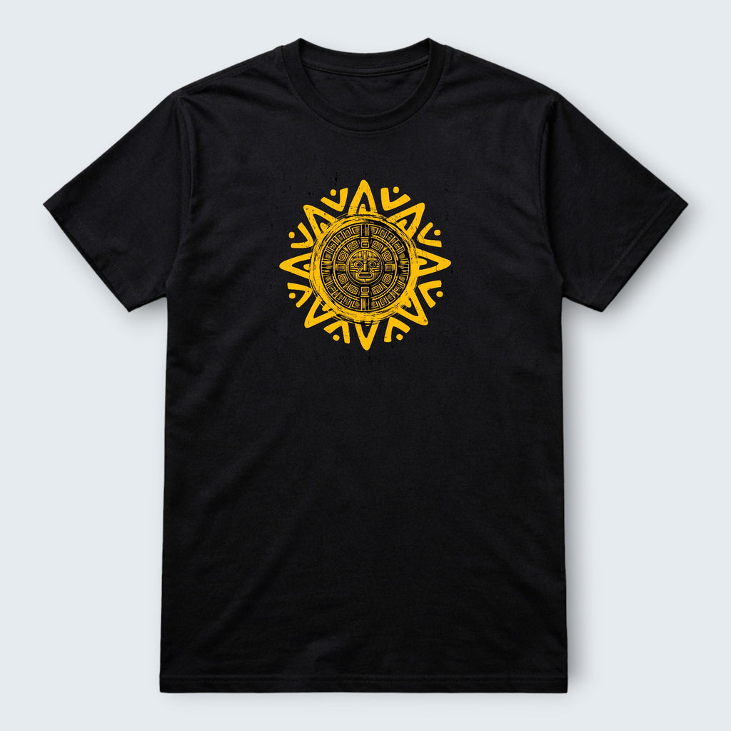 WOFF black 100% cotton unisex crew neck t-shirt with a yellow Aztec sun graphic print.