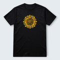 WOFF black 100% cotton unisex crew neck t-shirt with a yellow Aztec sun graphic print.