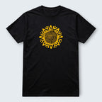 WOFF black 100% cotton unisex crew neck t-shirt with a yellow Aztec sun graphic print.