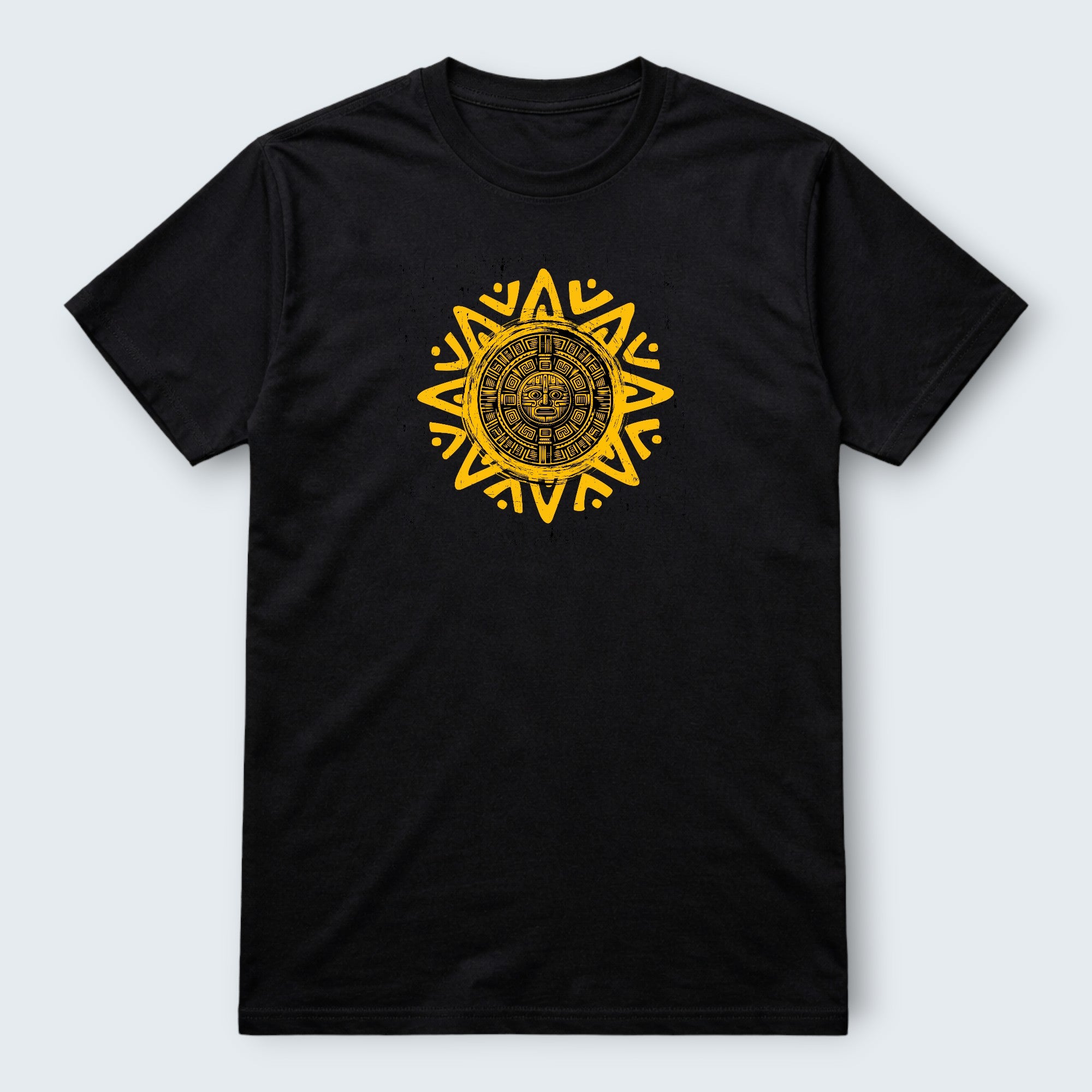 WOFF black 100% cotton unisex crew neck t-shirt with a yellow Aztec sun graphic print.