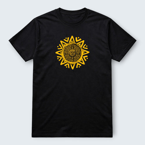 WOFF black 100% cotton unisex crew neck t-shirt with a yellow Aztec sun graphic print.