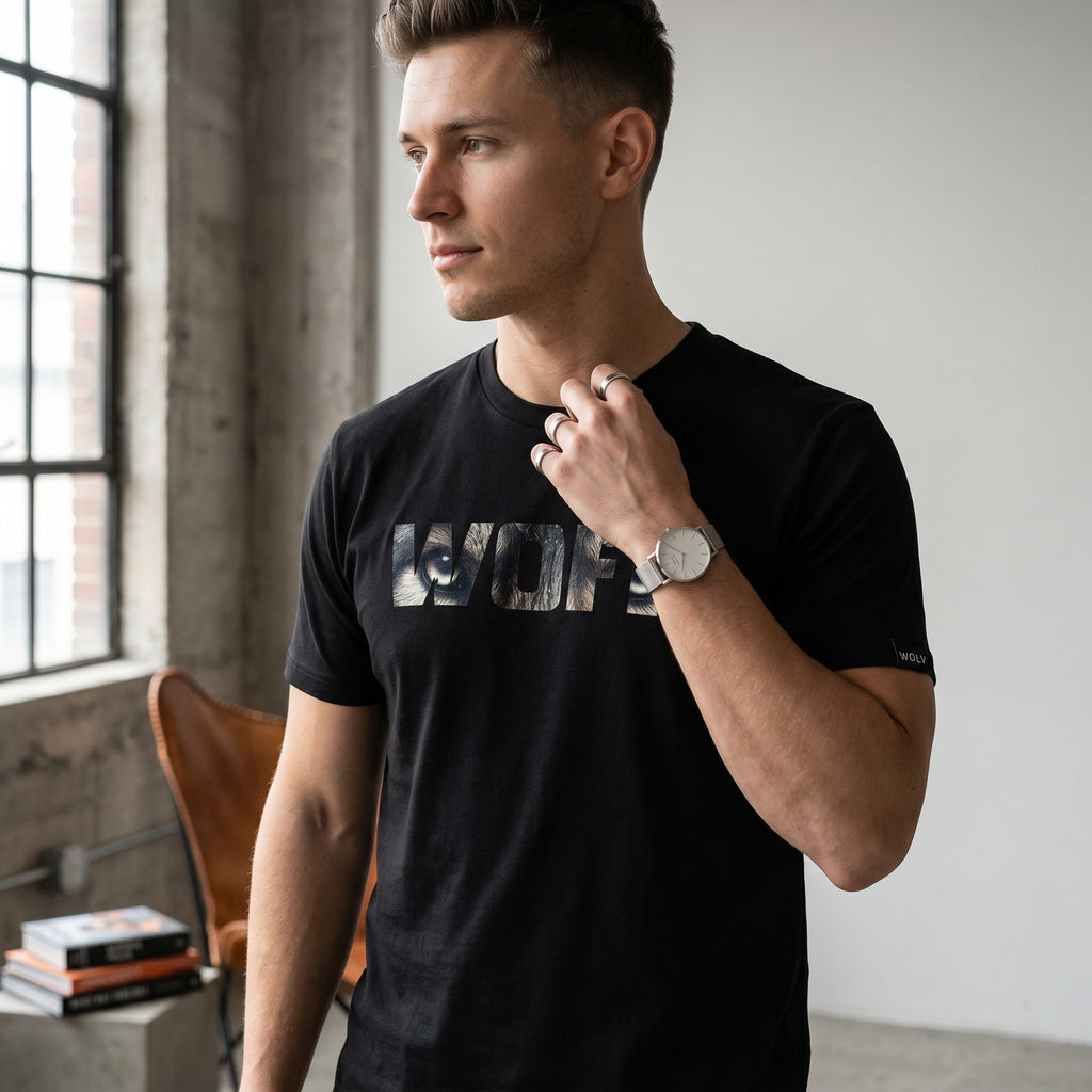 Man wearing a black WOFF cotton unisex regular fit t-shirt with a wolf eye graphic print on the chest.