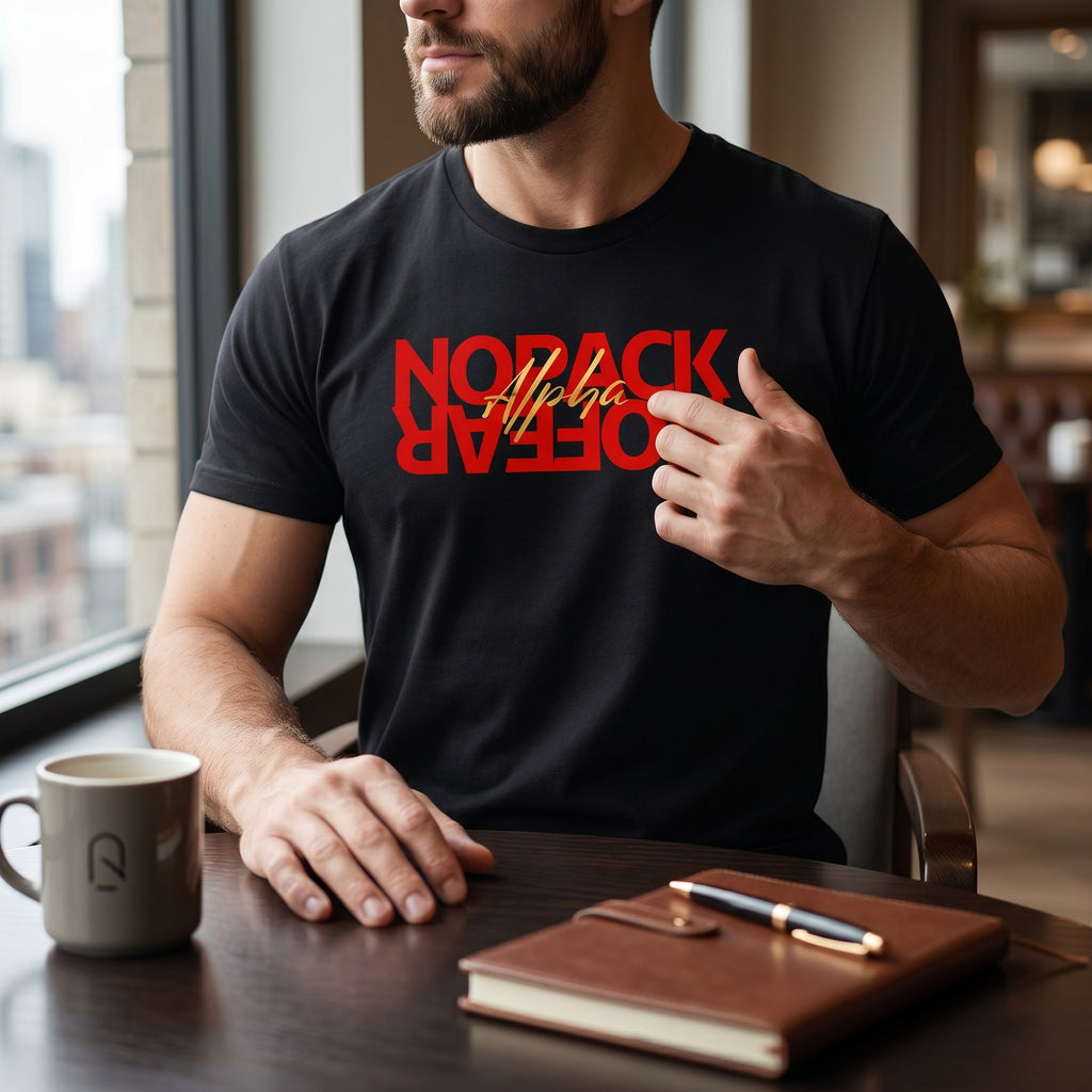 WOFF black unisex cotton t-shirt with red No Fear graphic and gold Alpha text worn by a man at a table