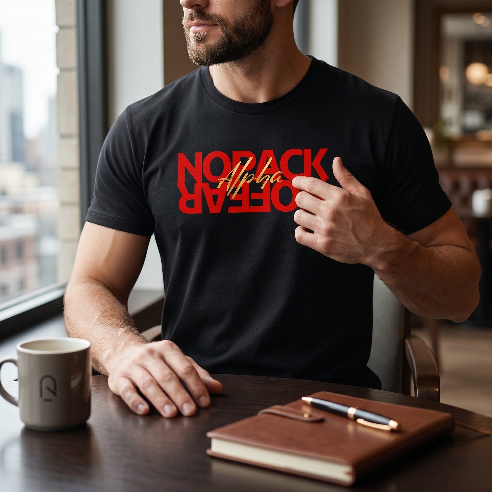 WOFF black unisex cotton t-shirt with red No Fear graphic and gold Alpha text worn by a man at a table