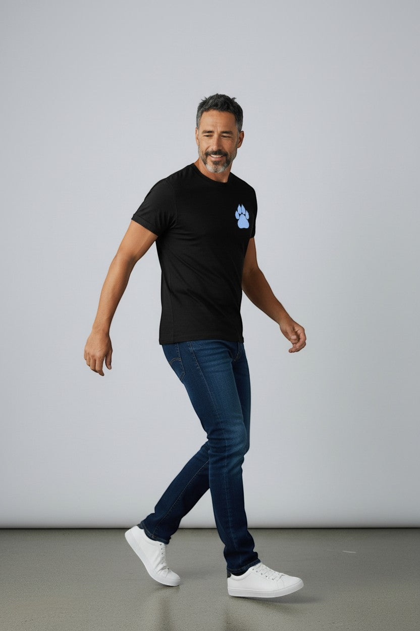 WOFF black 100% cotton crew neck t-shirt with a light blue paw print logo on the left chest.