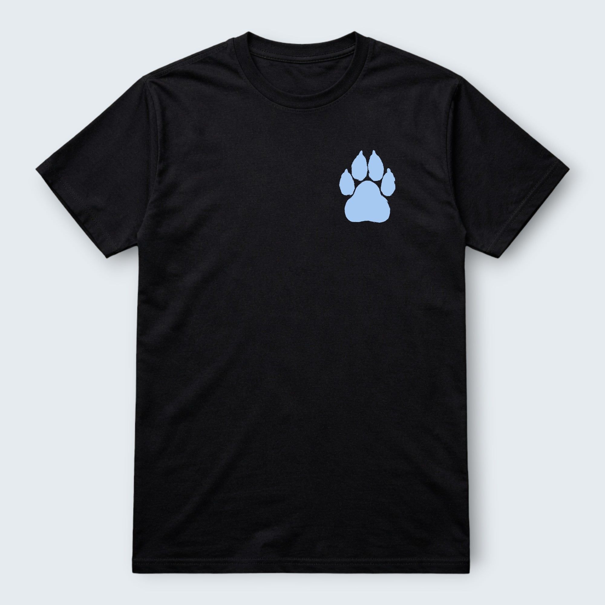 WOFF black 100% cotton crew neck t-shirt with a light blue paw print logo on the left chest.