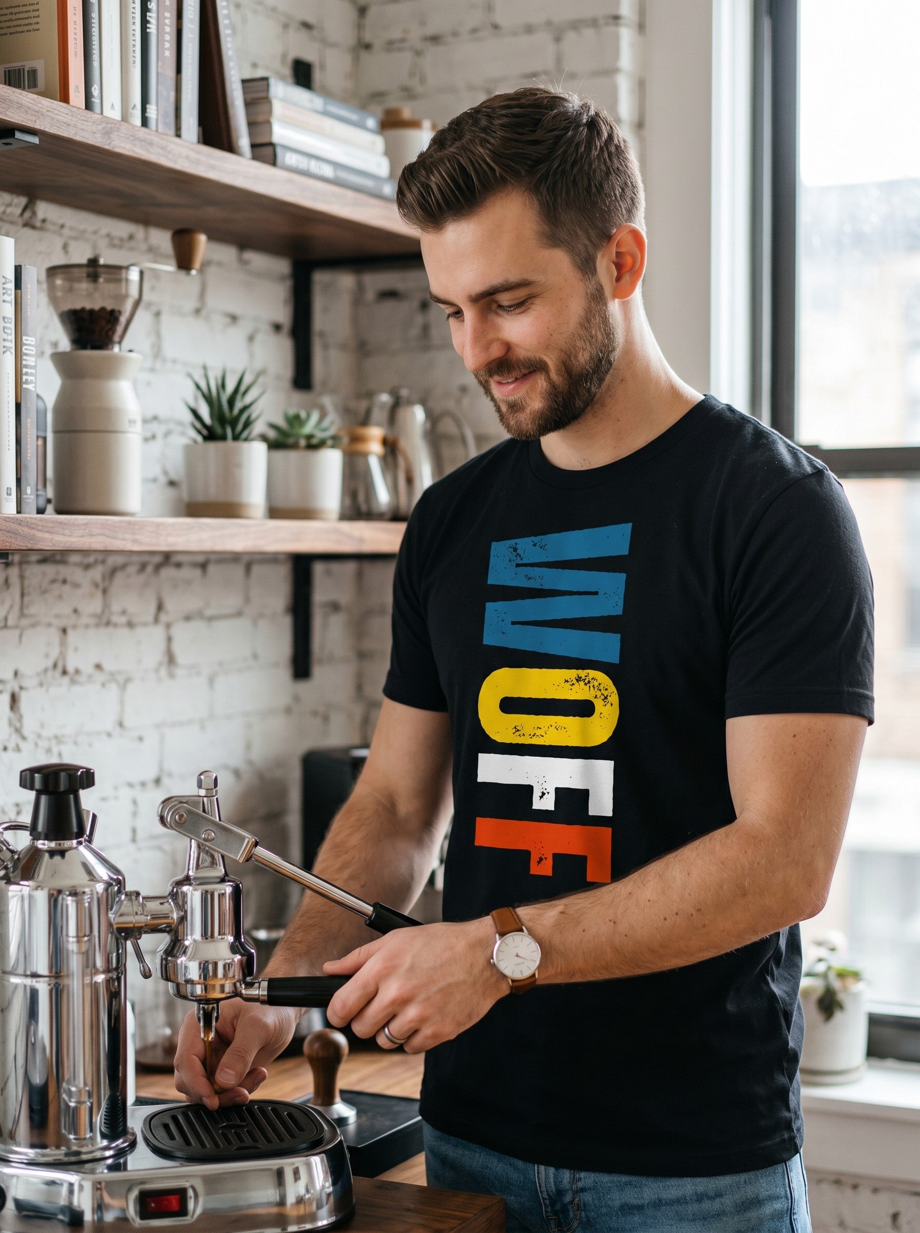 Man wearing a black WOFF cotton t-shirt with a distressed multi-colored logo while making espresso in a kitchen.
