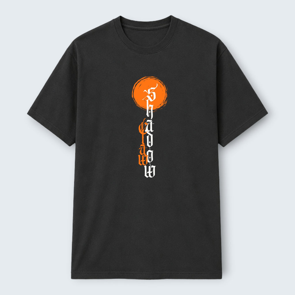WOFF unisex classic crew t-shirt in black, 100% cotton, with a vertical orange and white graphic print.