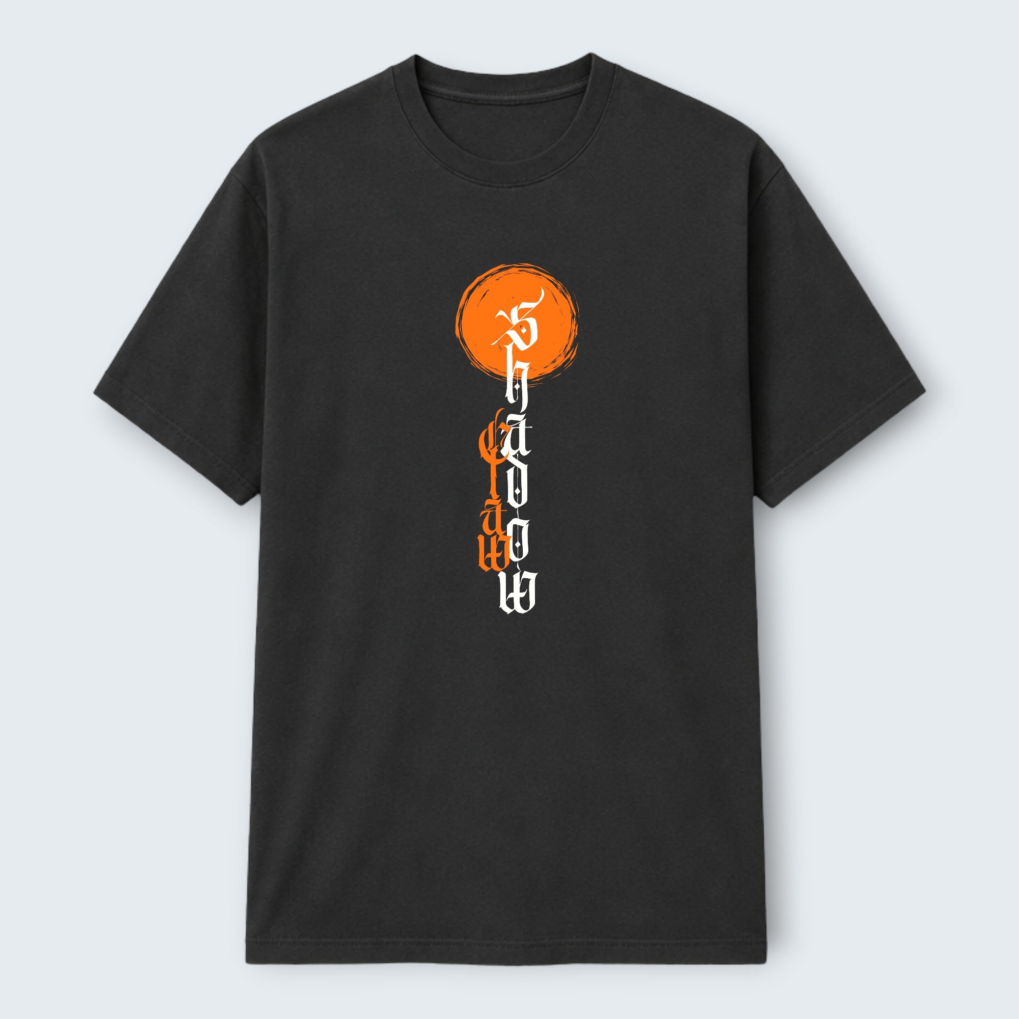 WOFF unisex classic crew t-shirt in black, 100% cotton, with a vertical orange and white graphic print.