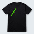 WOFF black 100% cotton unisex crew neck t-shirt with a bold neon green X graphic print on the chest.