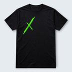 WOFF black 100% cotton unisex crew neck t-shirt with a bold neon green X graphic print on the chest.