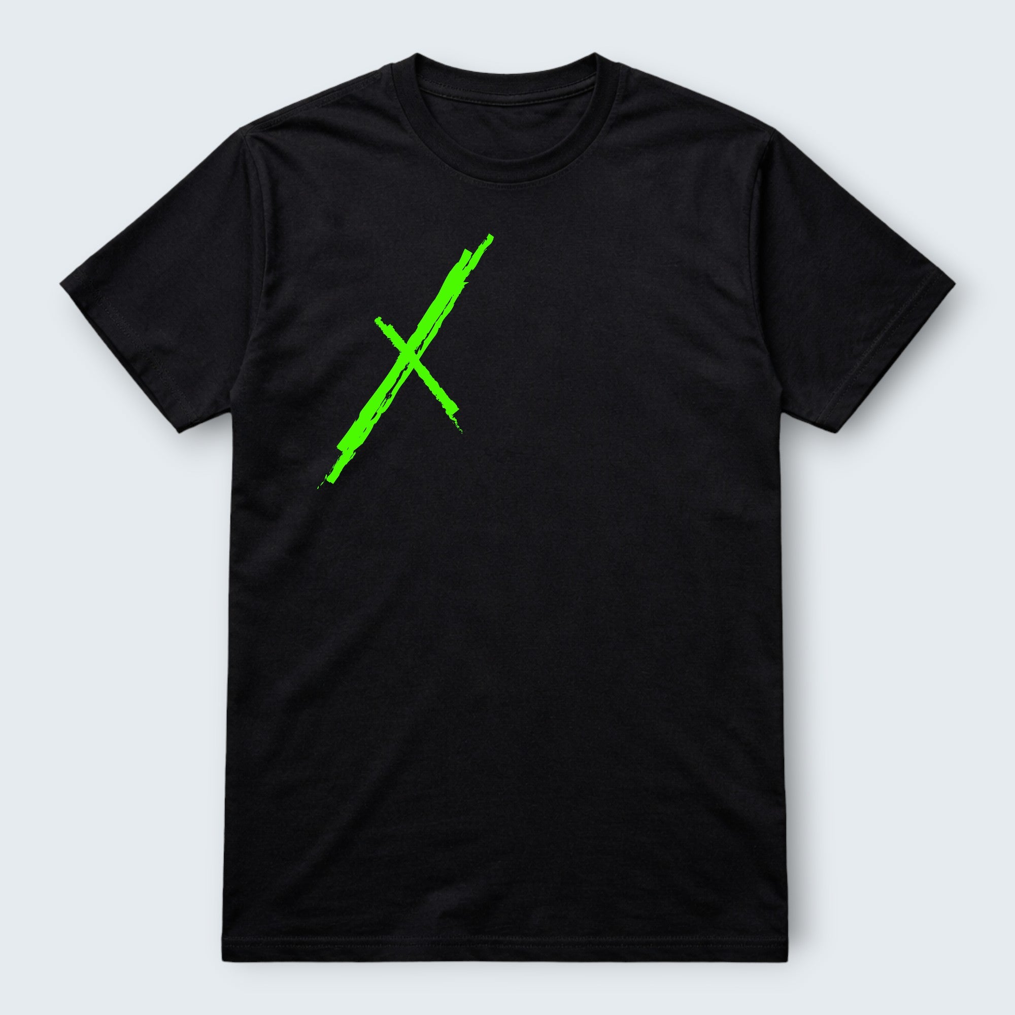 WOFF black 100% cotton unisex crew neck t-shirt with a bold neon green X graphic print on the chest.