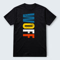 WOFF black 100% cotton t-shirt with distressed blue, yellow, white, and orange lettering.
