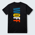 WOFF black 100% cotton t-shirt with distressed blue, yellow, white, and orange lettering.