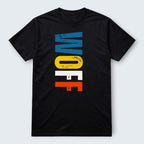 WOFF black 100% cotton t-shirt with distressed blue, yellow, white, and orange lettering.