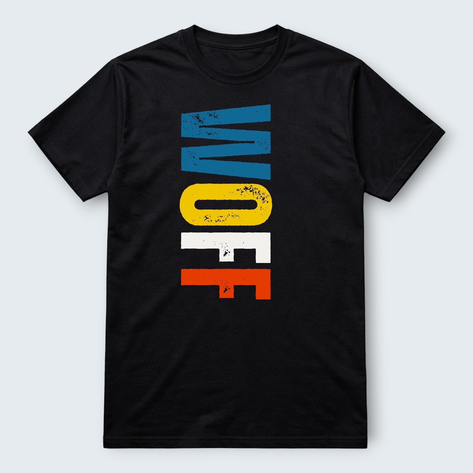 WOFF black 100% cotton t-shirt with distressed blue, yellow, white, and orange lettering.