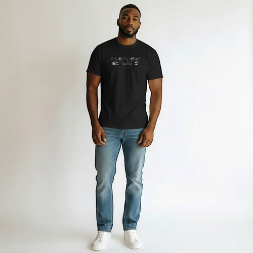 WOFF black 100% cotton t-shirt with a graphic print of wolf eyes within the WOFF logo.