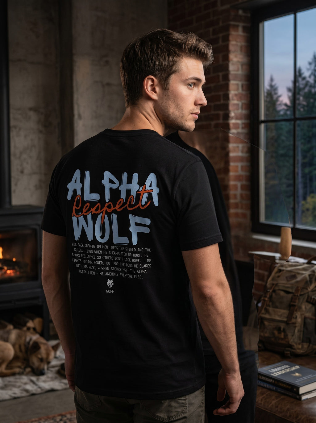 WOFF black cotton unisex crew neck t-shirt with Alpha Wolf graphic print on the back and paw logo on the front