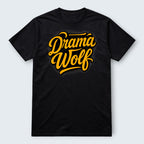 Black 100% cotton WOF "Drama Wolf" graphic t-shirt with yellow script lettering.