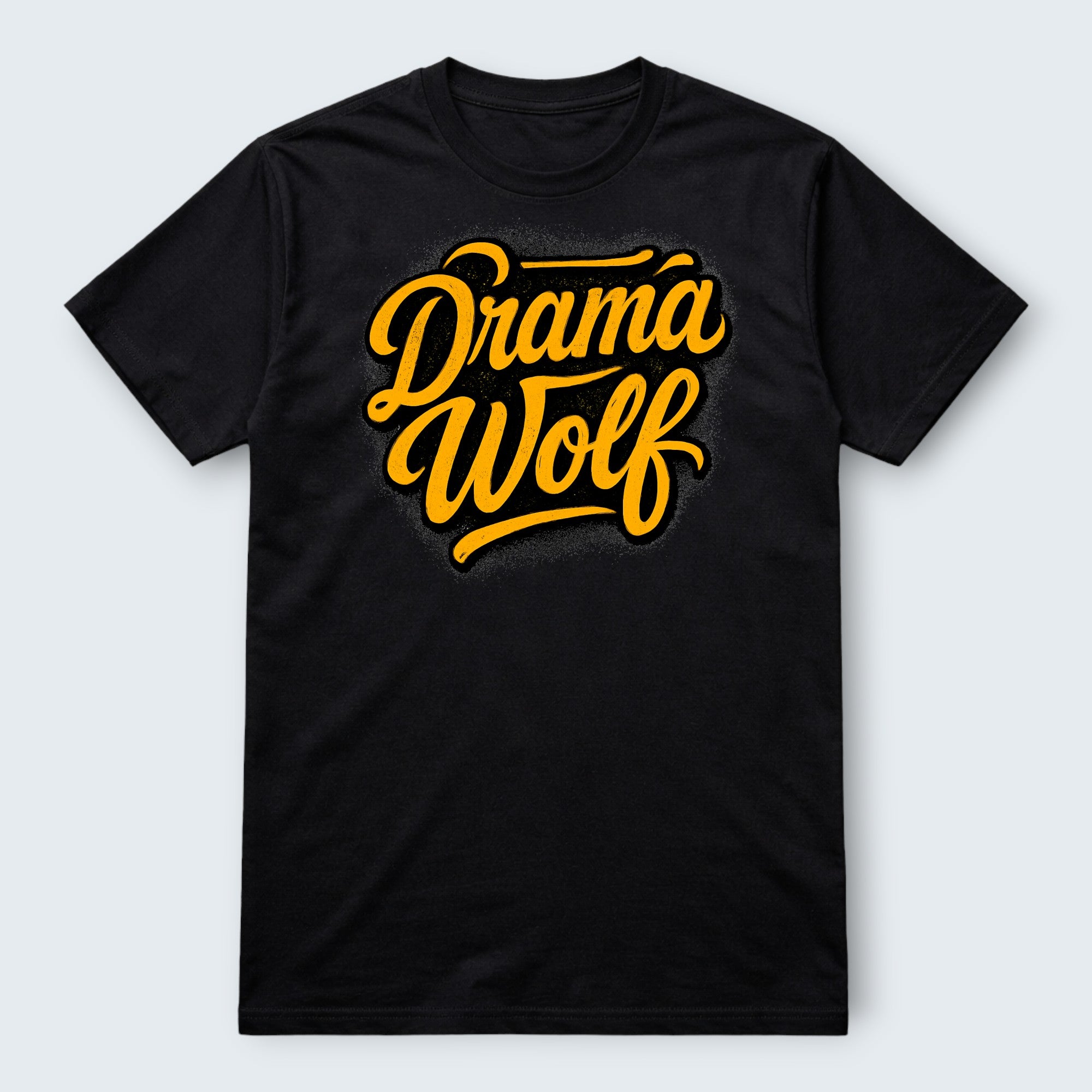 Black 100% cotton WOF "Drama Wolf" graphic t-shirt with yellow script lettering.