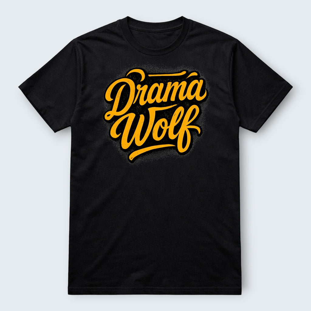Black 100% cotton WOF "Drama Wolf" graphic t-shirt with yellow script lettering.